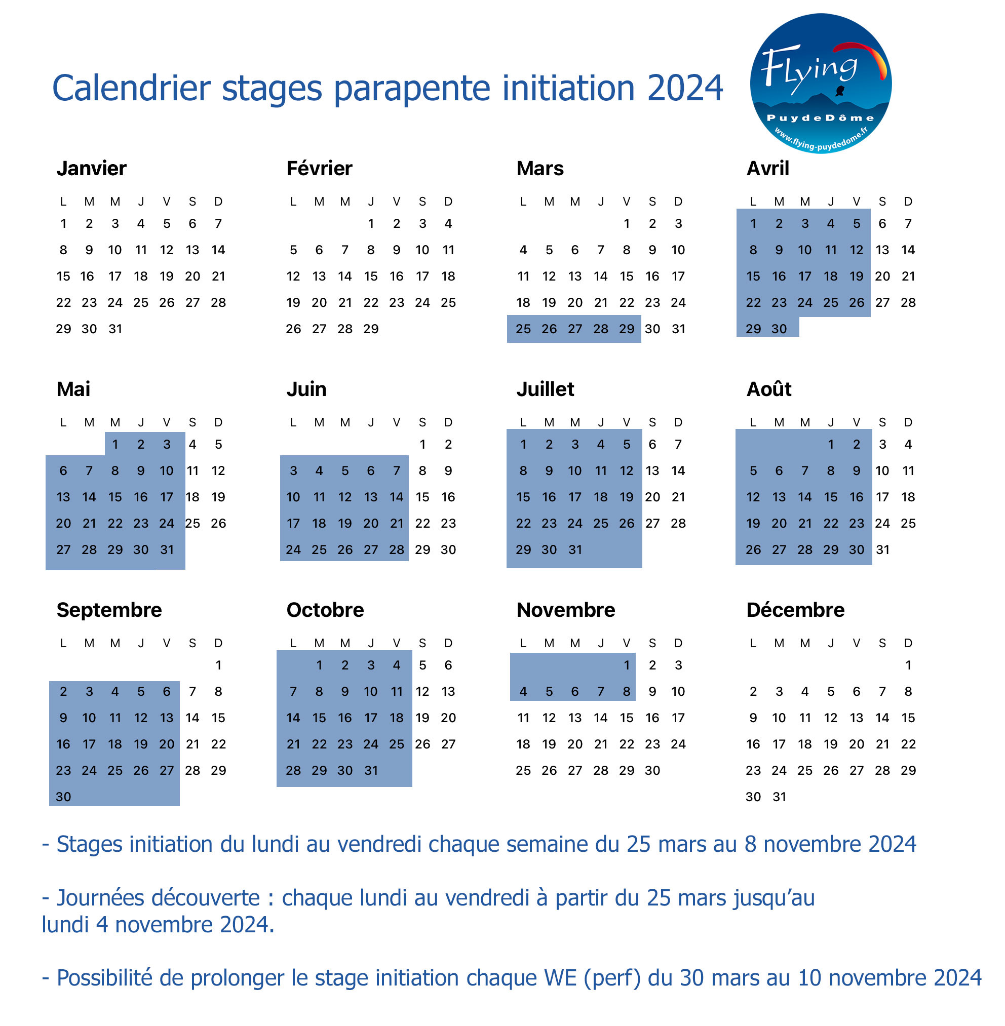 Calendrier stage initiation 2024 FPDD
