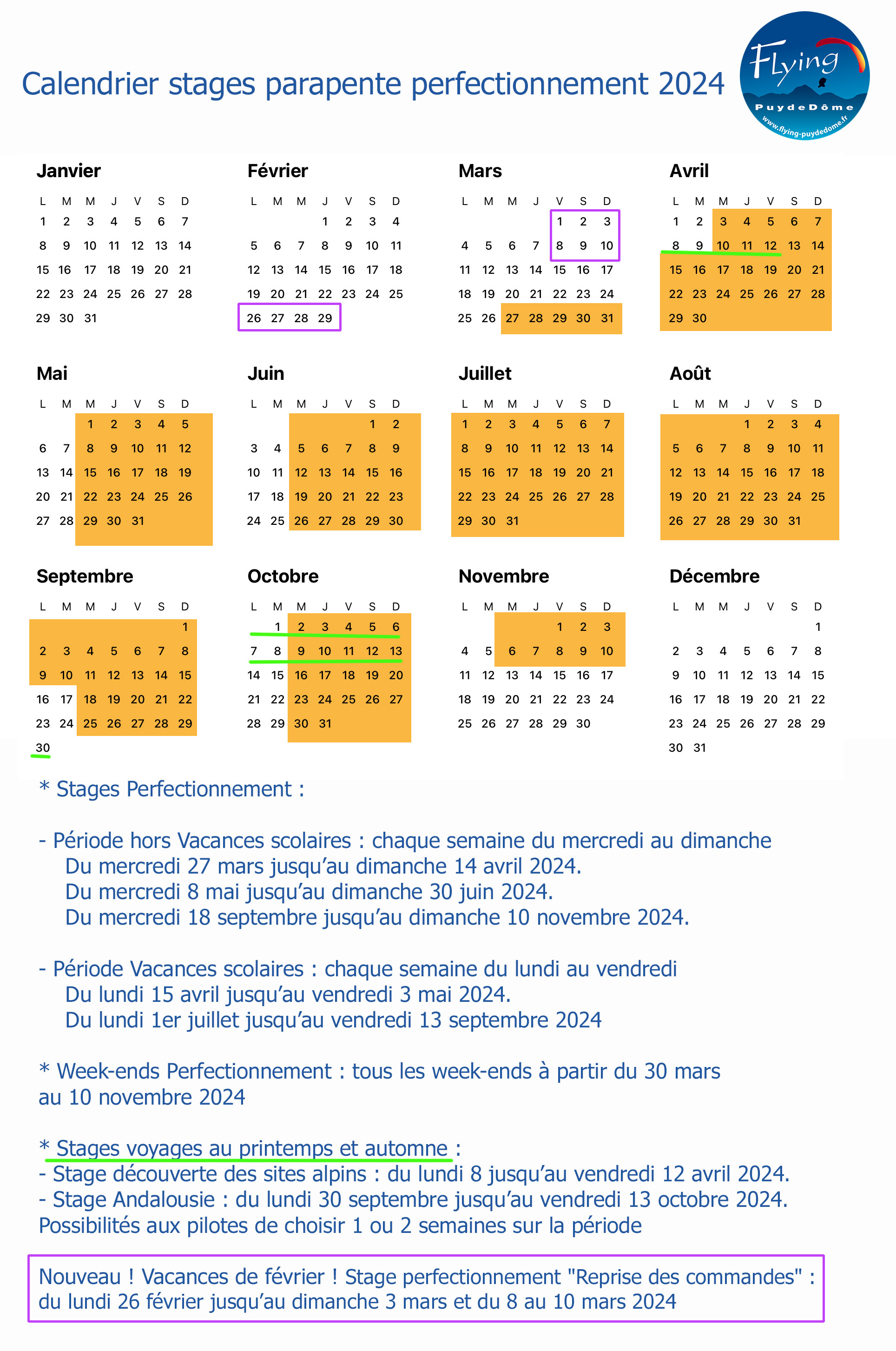 Calendrier stage perfectionnement 2024 FPDD
