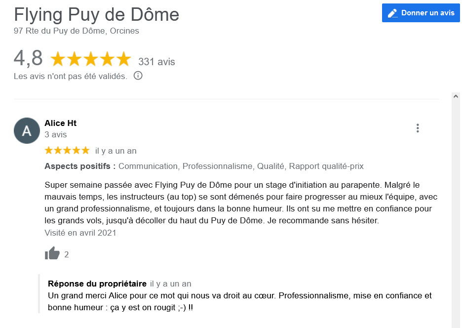 Avis Google Stage Parapente Flying Puy De Dome Alice