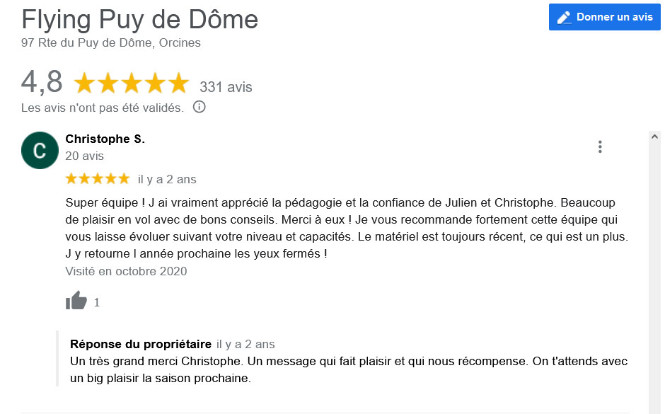 Avis Google Stage Parapente Flying Puy De Dome Christophe