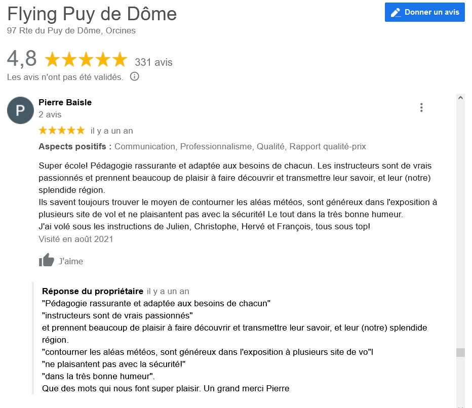 Avis Google Stage Parapente Flying Puy De Dome Pierre
