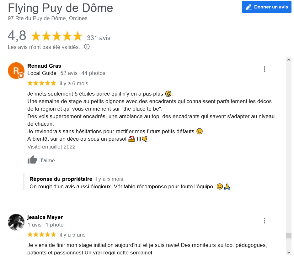 Avis Google Stage Parapente Flying Puy De Dome Renaud Jessica