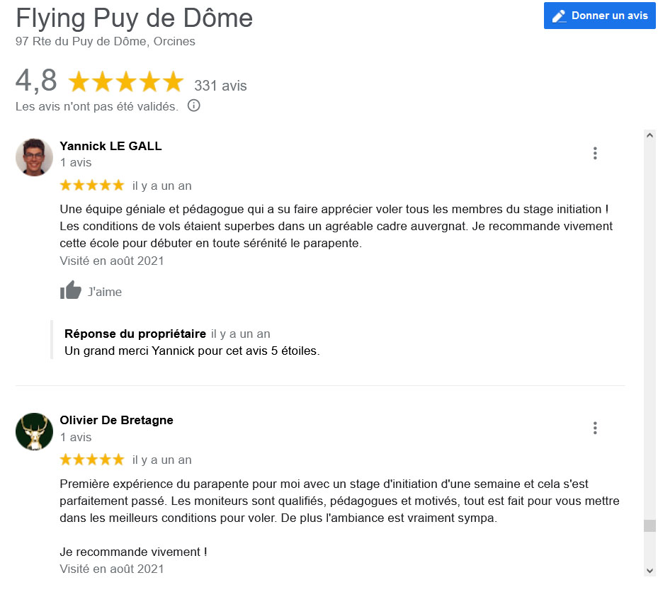 Avis Google Stage Parapente Flying Puy De Dome Yannick Olivier