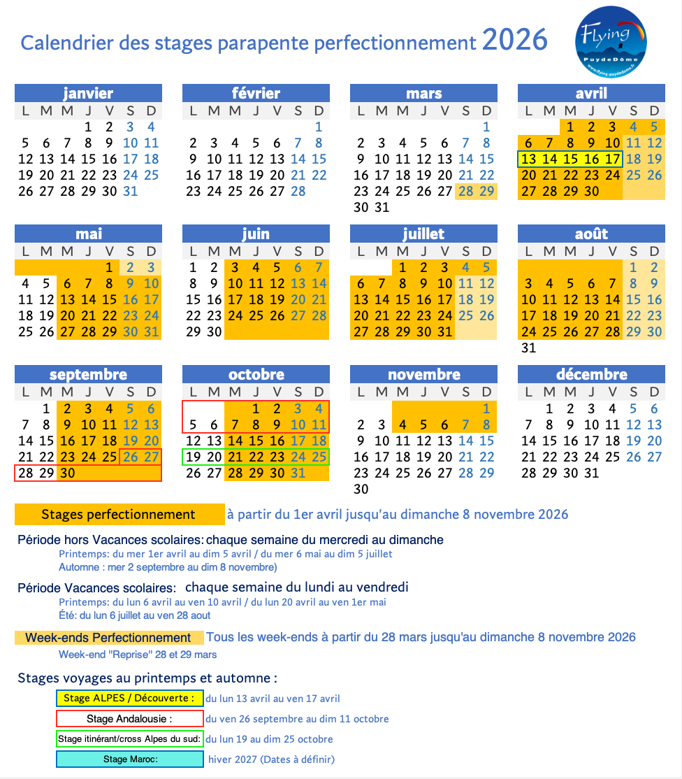 calendrier stages parapente perfectionnement 2026